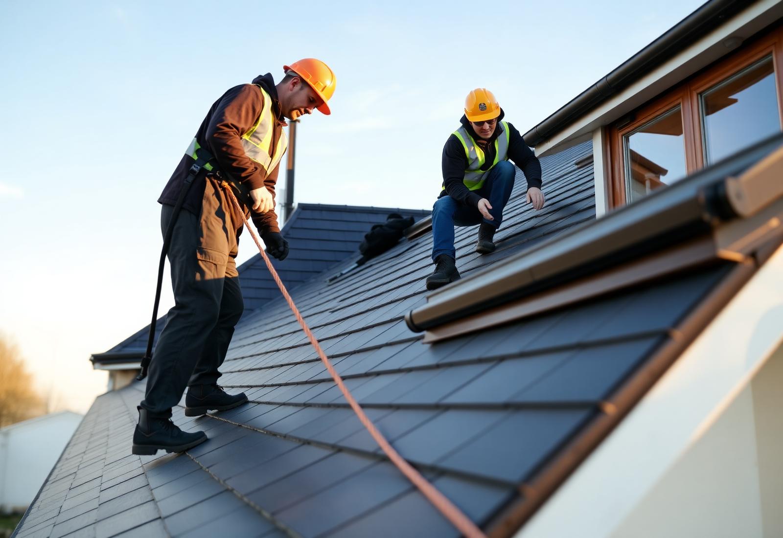 ProLine roofers installing a slate roof at golden hour